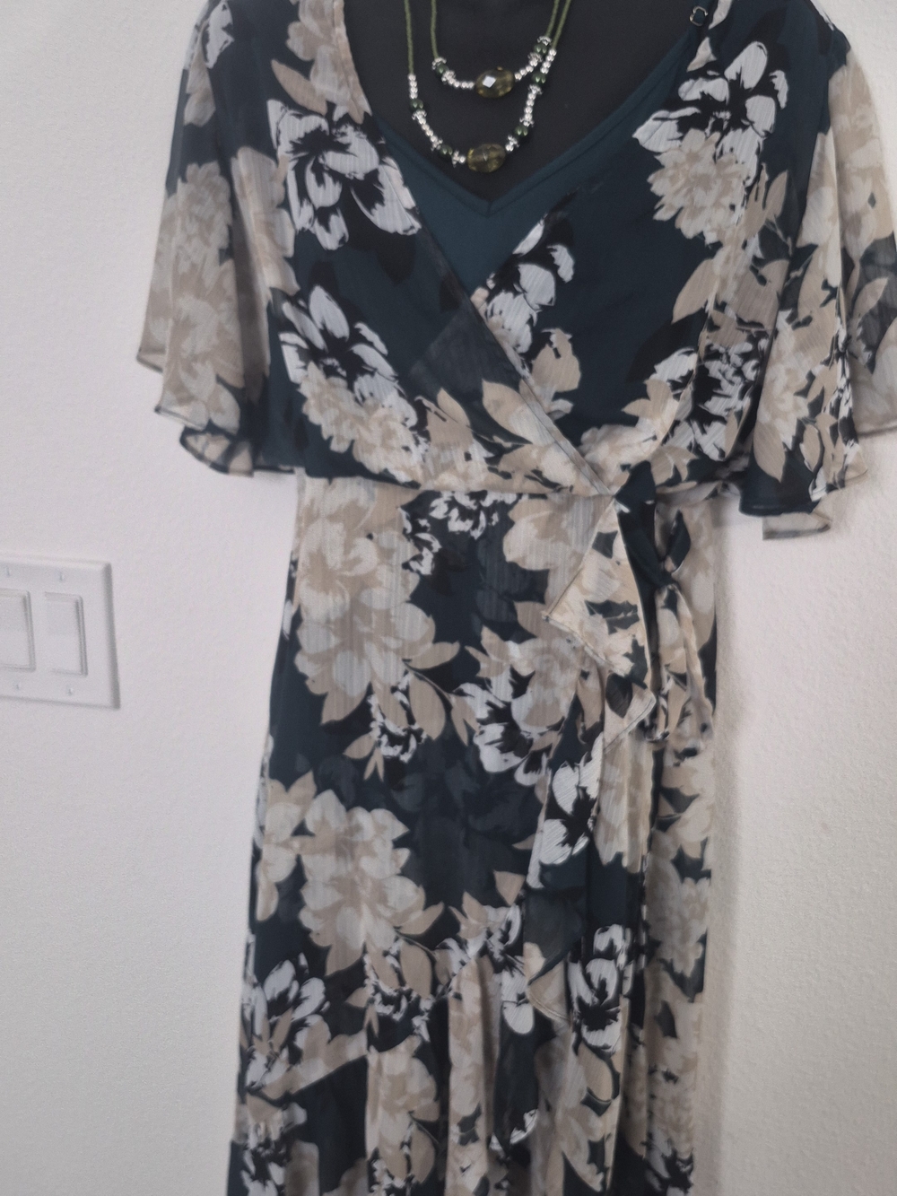 Calvin Klein Teal and Cream Floral Wrap Midi Dress